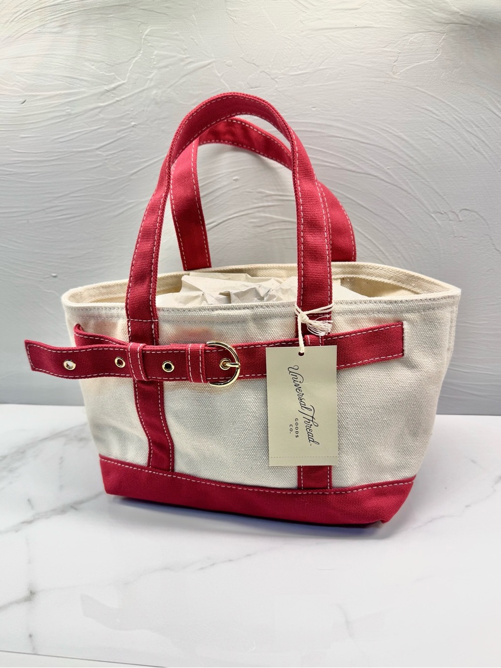 Universal Thread Mini Cream Canvas Tote Bag / Purse Cute Red and Gold Detail